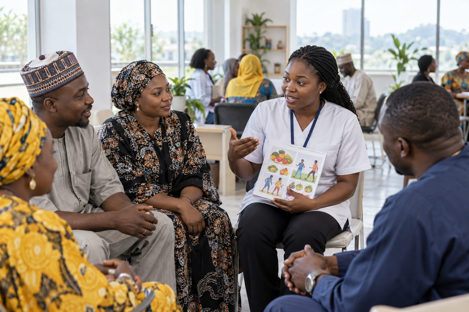 African health educator discussing wellness with Nigerian community members